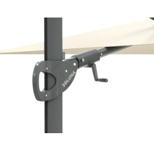 Vizualizare detaliată a unei umbrele de soare cu mecanism de manivelă și siglă Soluna