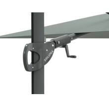 Logo Soluna pe o umbrelă de soare cu mecanism de manivelă.