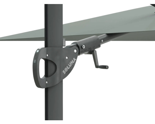 Logo Soluna pe o umbrelă de soare cu mecanism de manivelă.