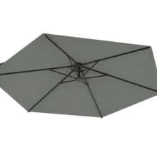 Umbrelă de soare gri cu cadru metalic văzută de jos