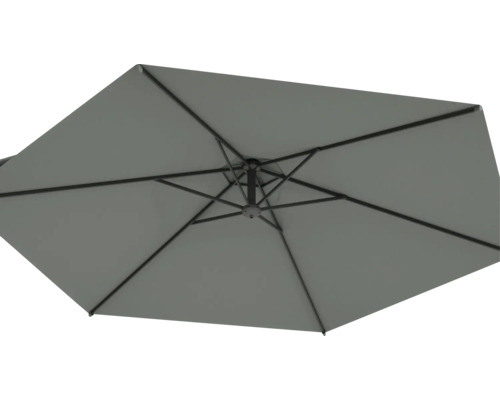 Umbrelă de soare gri cu cadru metalic văzută de jos