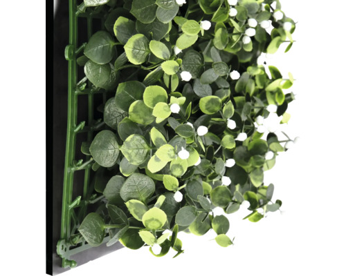 Perete artificial de plante cu eucalipt și flori albe