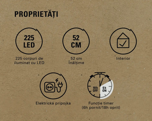 Proprietăți produs: 225 LED-uri, înălțime 52 cm, potrivit pentru interior, conexiune electrică și funcție de temporizare (6 ore pornit, 18 ore oprit).