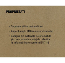 Proprietăți: Se poate utiliza mai mulți ani, aspect amplu (186 ramuri individuale), compus din materiale neinflamabile și corespunde la cerințele referitor la Inflamabilitate conform EN 71-2
