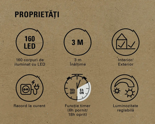 Caracteristici produs: 160 LED-uri, lungime 3 metri, potrivit pentru interior și exterior, racord la curent, funcție timer, luminozitate reglabilă