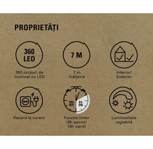 Proprietăți: 360 LED, lungime 7 metri, interior/exterior, racord la curent, funcție timer (6 ore pornit/18 ore oprit), luminozitate reglabilă