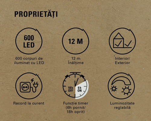 Proprietăți: 600 LED-uri, lungime 12 metri, interior/exterior, racord la curent, funcție timer, luminozitate reglabilă