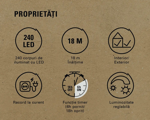Proprietăți: 240 LEDuri, lungime 18 metri, pentru interior și exterior, racord la curent, funcție timer, luminozitate reglabilă.