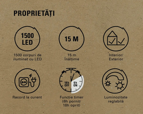 Proprietăți: 1500 LED-uri, lungime 15 metri, interior/exterior, racord la curent, funcție timer (6 ore pornit/18 ore oprit), luminozitate reglabilă