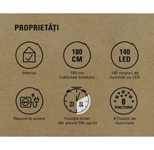 Proprietăți: Interior, înălțime 180 cm, 140 LED-uri, racord la curent, funcție timer (6 ore pornit/18 ore oprit), 8 funcții