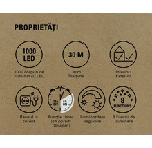 Caracteristici: 1000 LEDuri, lungime 30 metri, potrivit pentru interior și exterior, priză, funcție de temporizare, luminozitate reglabilă, 8 funcții
