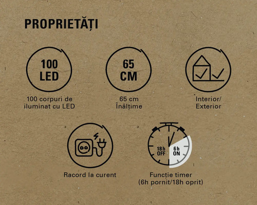 Proprietăți: 100 LED-uri, 65 centimetri, interior și exterior, racordare la curent, funcție timer șase ore pornit și 18 ore oprit