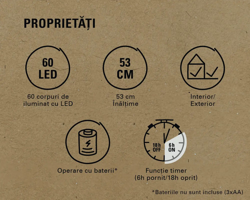 Caracteristici produs: 60 LED-uri, înălțime 53 cm, interior și exterior, funcționare cu baterii, funcție de temporizare
