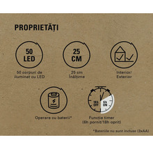 Proprietăți: 50 LED-uri, înălțime 25 cm, pentru interior și exterior, funcționează cu baterii, funcție de temporizare