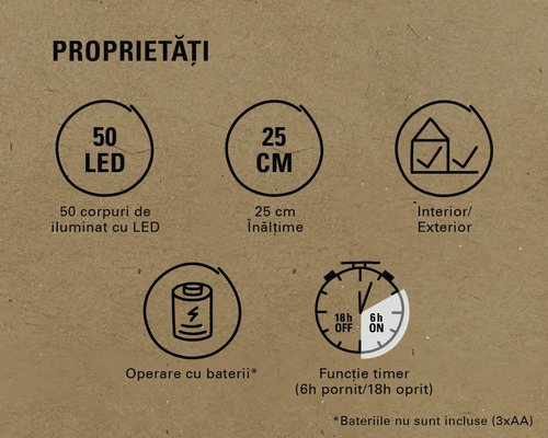 Proprietăți: 50 LED-uri, înălțime 25 cm, pentru interior și exterior, funcționează cu baterii, funcție de temporizare