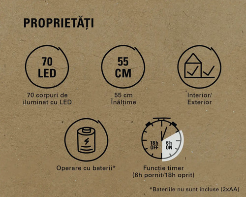 Caracteristici produs: 70 LED-uri, 55 cm înălțime, interior/exterior, funcționare cu baterii, funcție de temporizare