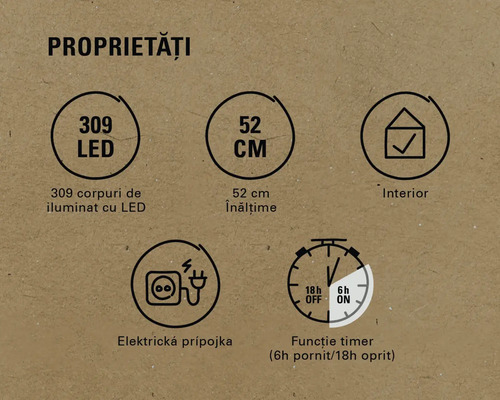 Caracteristici produs: 309 LED-uri, 52 centimetri înălțime, potrivit pentru interior, conexiune electrică, funcție de temporizare (6 ore pornit/18 ore oprit)