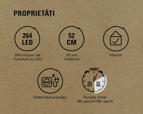 Proprietăți produs: 264 LED-uri, 52 cm înălțime, potrivit pentru interior, conexiune electrică, funcție de temporizare (6 ore pornit, 18 ore oprit)