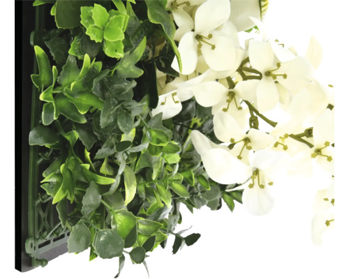 Perete artificial de plante cu plante verzi și flori albe