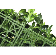 Detaliu al unui gard viu artificial cu frunze și structură de grilă