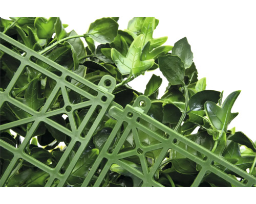 Detaliu al unui gard viu artificial cu frunze și structură de grilă