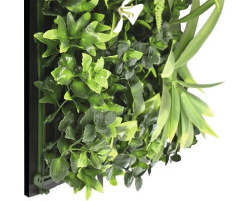 Perete artificial de plante cu diverse frunze verzi și o floare albă