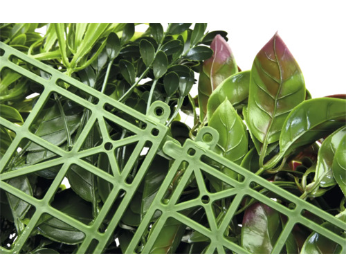 Prim-plan al unui gard viu artificial cu frunze verzi și o grilă de plastic verde