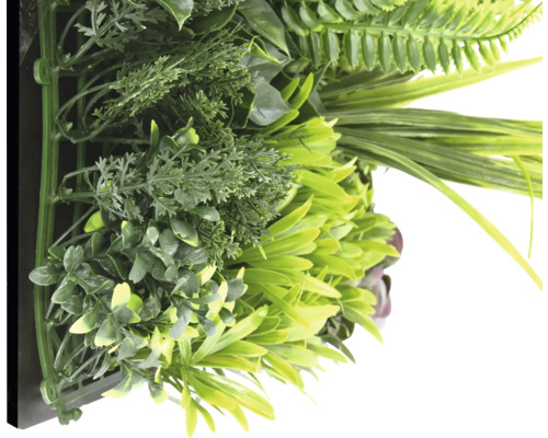 Perete artificial de plante cu diverse tipuri de plante verzi.