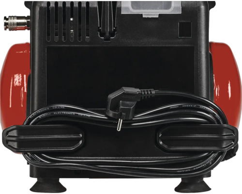 Vedere din spate a unui compresor roșu și negru cu cablu