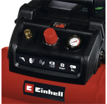 Vizualizare detaliată a unui compresor Einhell cu indicator de presiune și elemente de control