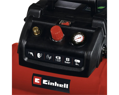 Vizualizare detaliată a unui compresor Einhell cu indicator de presiune și elemente de control