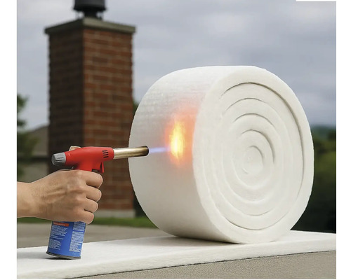 O rolă de vată minerală este încălzită cu un arzător cu gaz.