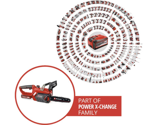 Familia de acumulatori Einhell Power X-Change cu drujbă și acumulator