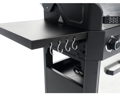 Imagine detaliată a unui grătar negru pe gaz cu raft și bară de cârlige