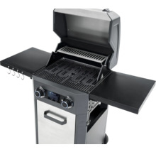 Grătar pe gaz cu două rafturi laterale și capac deschis