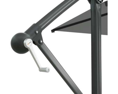 Imagine detaliată a unei umbrele de soare cu mecanism de manivelă și sigla Soluna