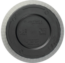 Partea inferioară a unui vas de plantare cu informații despre dimensiune, volum și găuri de foraj pentru drenaj