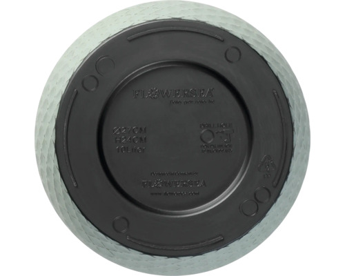 Partea inferioară a unui ghiveci de flori cu indicații de dimensiune și informații despre producător