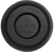 Vedere de jos a unui ghiveci negru din plastic cu informații despre producător