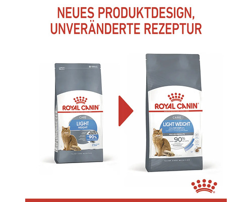 Două pachete de hrană pentru pisici Royal Canin Light Weight în comparație: design nou al produsului, rețetă neschimbată