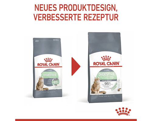 Două pachete de hrană pentru pisici Royal Canin Digestive cu design nou de produs și rețetă îmbunătățită