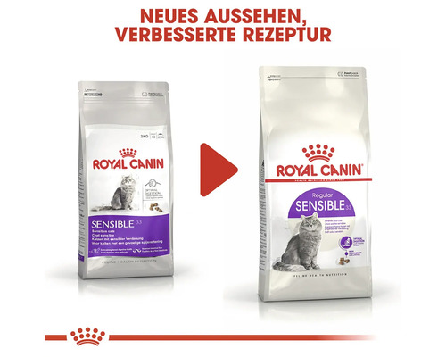 Două saci de hrană pentru pisici Royal Canin Sensible 33 cu o rețetă nouă