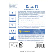 Pachet de semințe de ridichi Ester F1 cu informații despre semănat, creștere și recoltare