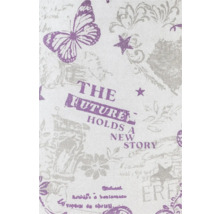 Material textil decorativ cu motive de fluturi și stele și inscripții