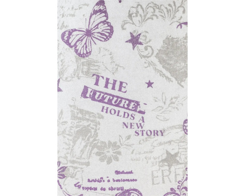 Material textil decorativ cu motive de fluturi și stele și inscripții