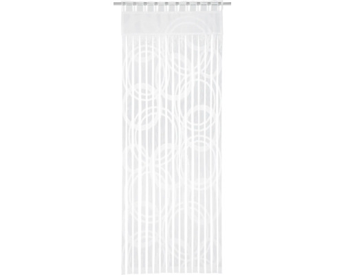 Perdea japoneză transparentă cu design circular pe o bară de perdea