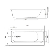 Desen tehnic al unei căzi cu dimensiuni.