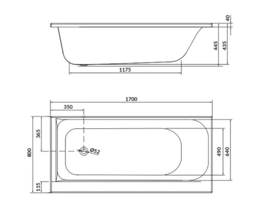 Desen tehnic al unei căzi cu dimensiuni.