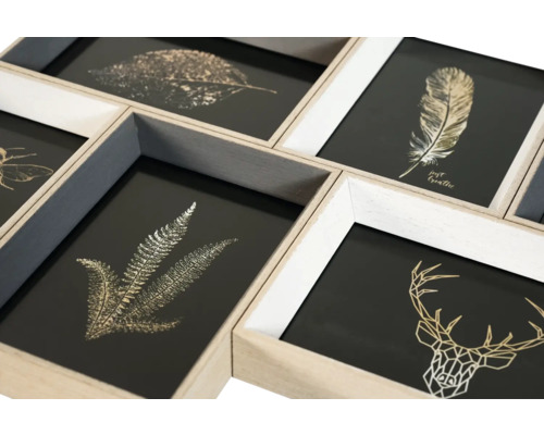 Rame foto multiplu cu ilustrații cu frunze, pene și cerb