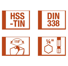 Simboluri pentru HSS-TiN, DIN 338, 118 grade și 1/4 inch